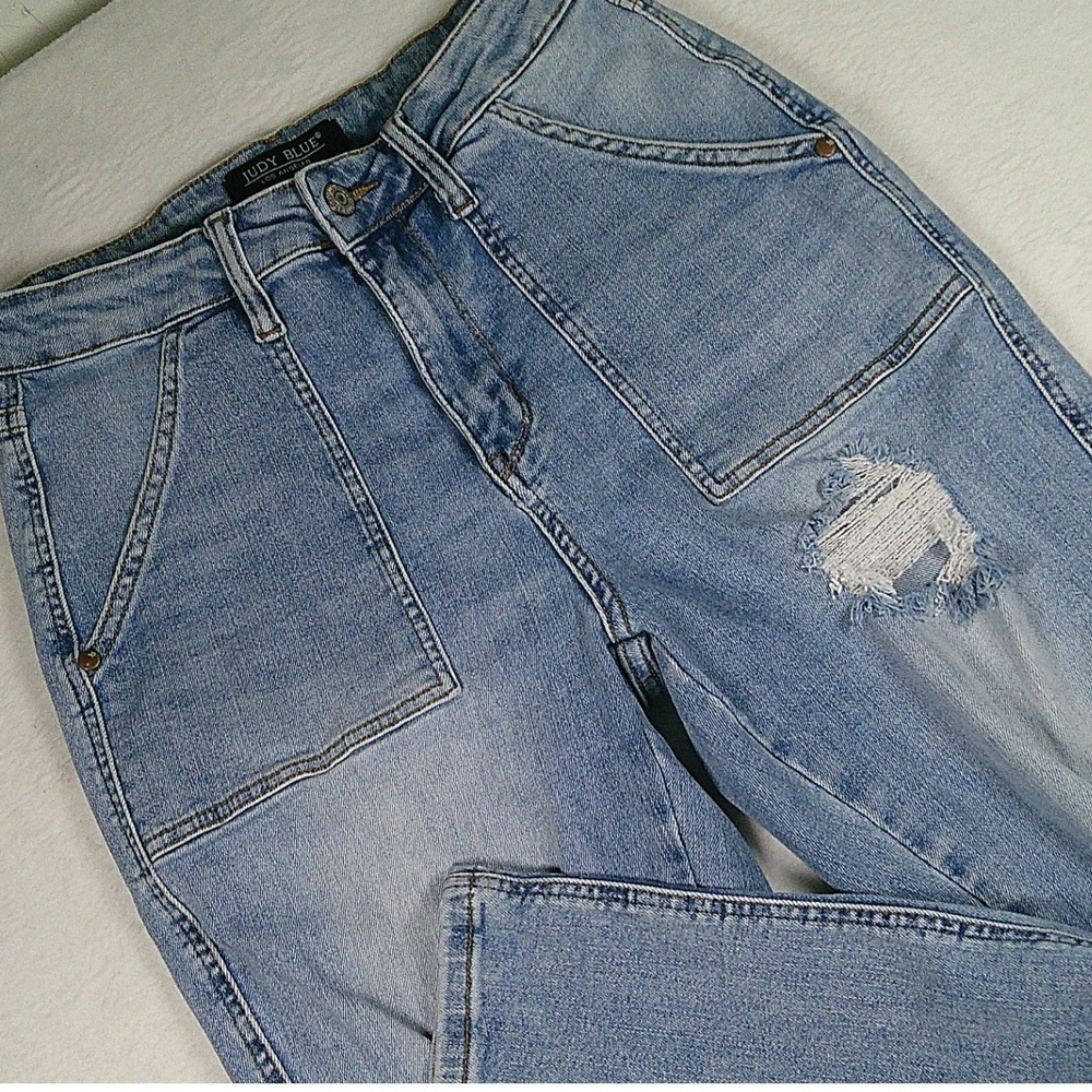 Judy Blue Distressed High Rise Straight Leg Carpenter Jean Light Wash 9/29